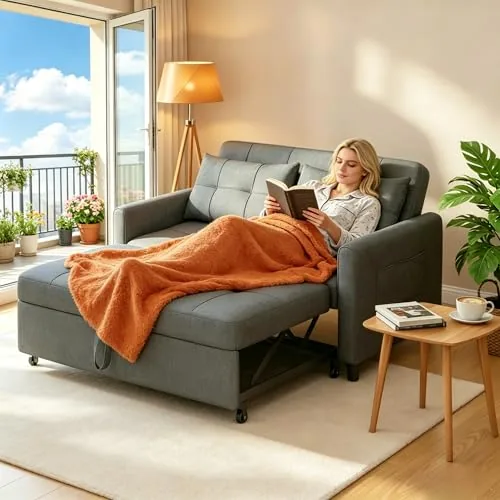 Gizoon 3-in-1 Convertible Loveseat Sleeper Sofa Dark Grey