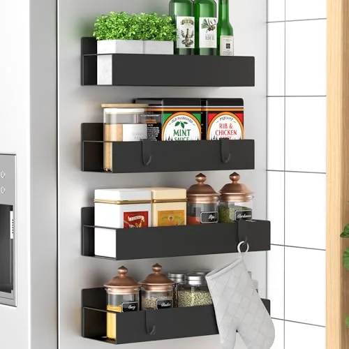HuggieGems 4-Pack Magnetic Fridge Spice Rack Black Metal