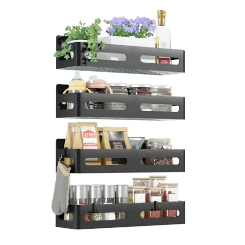 Sevenblue Magnetic Spice Rack 4-Pack with Hooks, Black