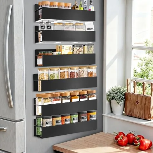 SMRCAD Magnetic Spice Rack Fridge Organizer 6-Pack Black