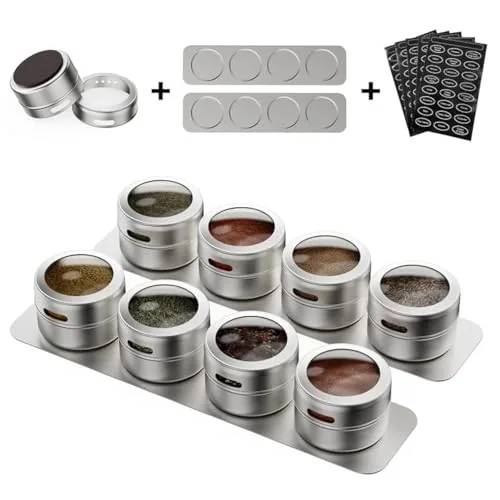Vetacsion Magnetic Spice Tins 8-Pack with Wall Plates