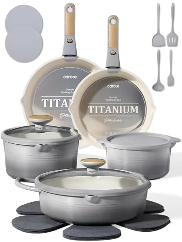 CAROTE 20Pc Titanium Nonstick Cookware Set Detachable Handle