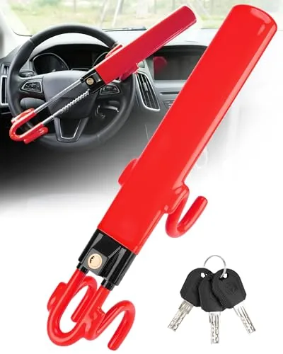 Tevlaphee Steering Wheel Lock Heavy Duty Twin Bar Red