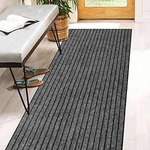 Heyroll Stripe Gray Runner Rug with Rubber Backing